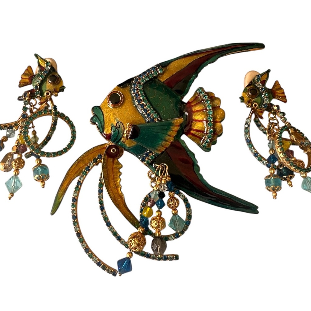 Rare Lunch at the Ritz Rhinestone Angel fish Brooch/pendant Earring set Retired